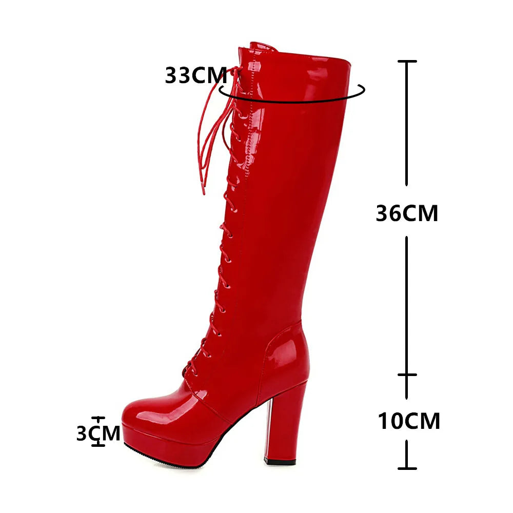 Soufree  -  Patent Leather White Lacing Knee High Boots Lace Up Ladies Platform Boots High Heels Fashion Nightclub Patry Shoes Wholesal