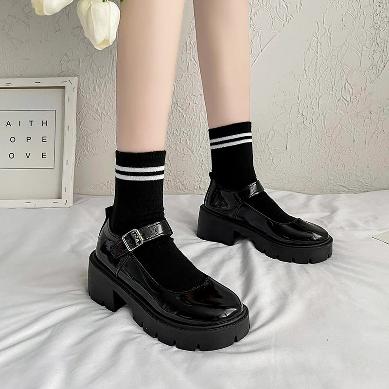 Soufree  -  Lolita Lady Maid Uniform Performance Buckle Round Head Thick High Heel Muffin Thick Sole Single Shoe Cosplay Women Shoes Woman