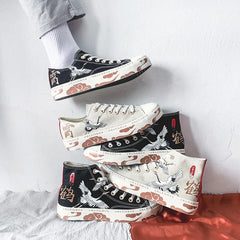 Soufree  -  unique shoes High-Top Canvas Shoes Women's Shoes Chinese Style Retro Chic Sneakers Girls Gumshoes Floral Crane Female Leisure Shoe 35-40