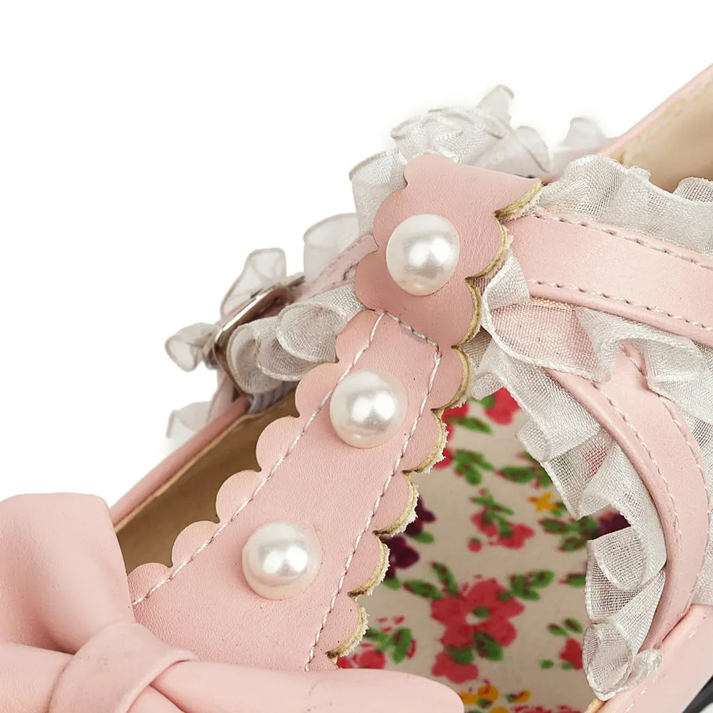 Soufree  -  Women Fashion Flats Heel Bow Pearl Buckle Strap Lace Ruffles Round Toe Elegant Cosplay Lolita Mary Janes Shoes Dropshipping