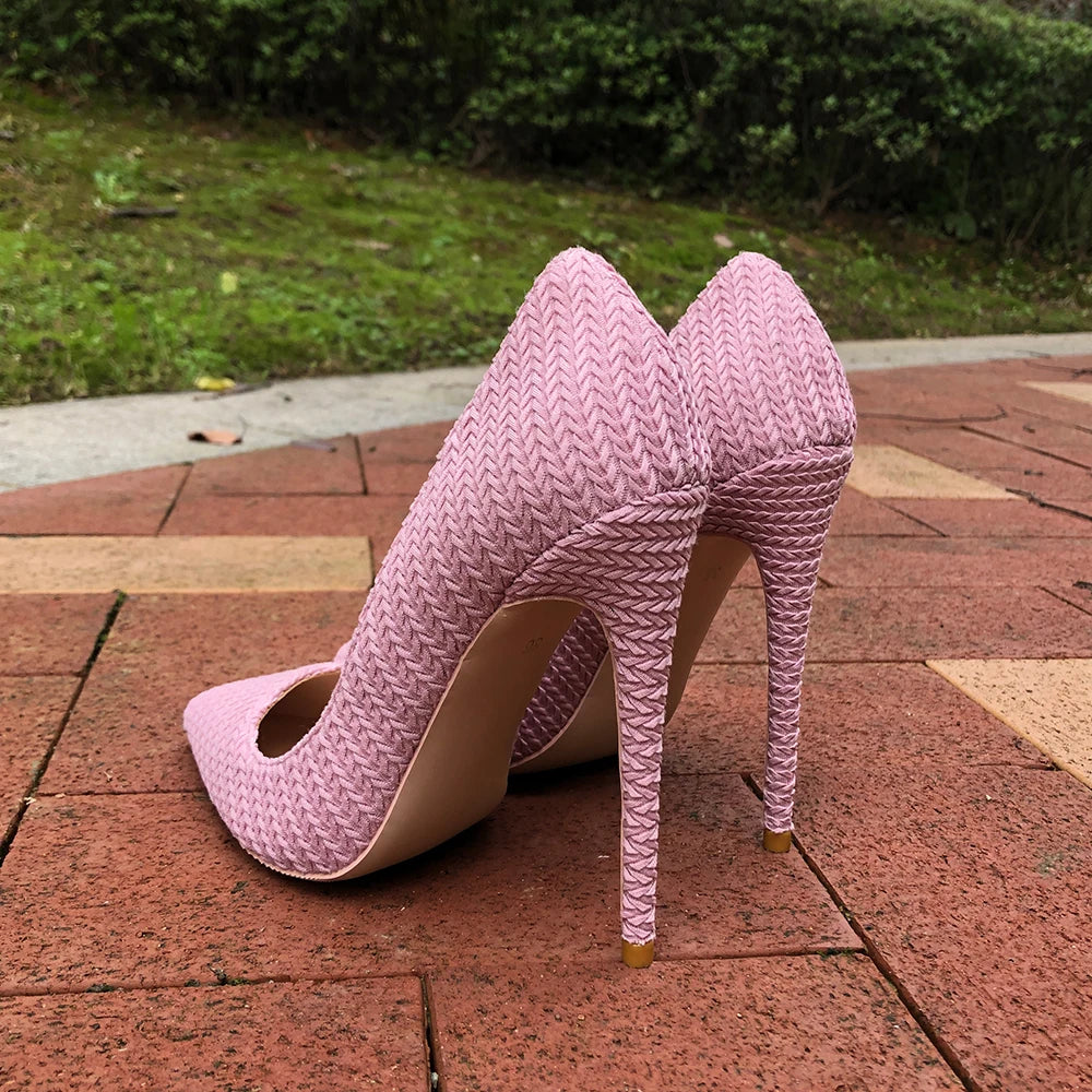 Soufree  -  Pink Women Woven Fabric Pointed Toe Stiletto Pumps Ladies Wedding Bridemaids Shoes 8cm 10cm 12cm High Heels Size 33-45