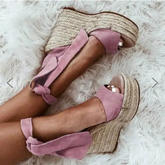 Soufree  -  Cross Large Size Beige Heeled Sandals Velvet Shoes Cross-Shoes Clogs Wedge Summer Espadrilles Platform Big Black High Suede