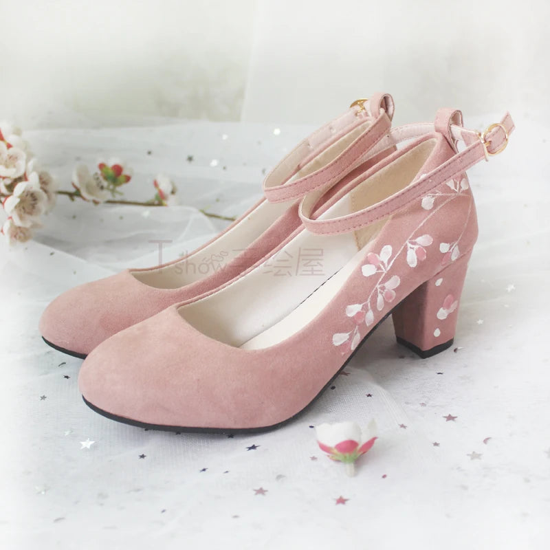 Soufree  -  Retro style Chinese element lady with Hanfu cheongsam thick with word buckle high heels round head thick heel women shoes cos