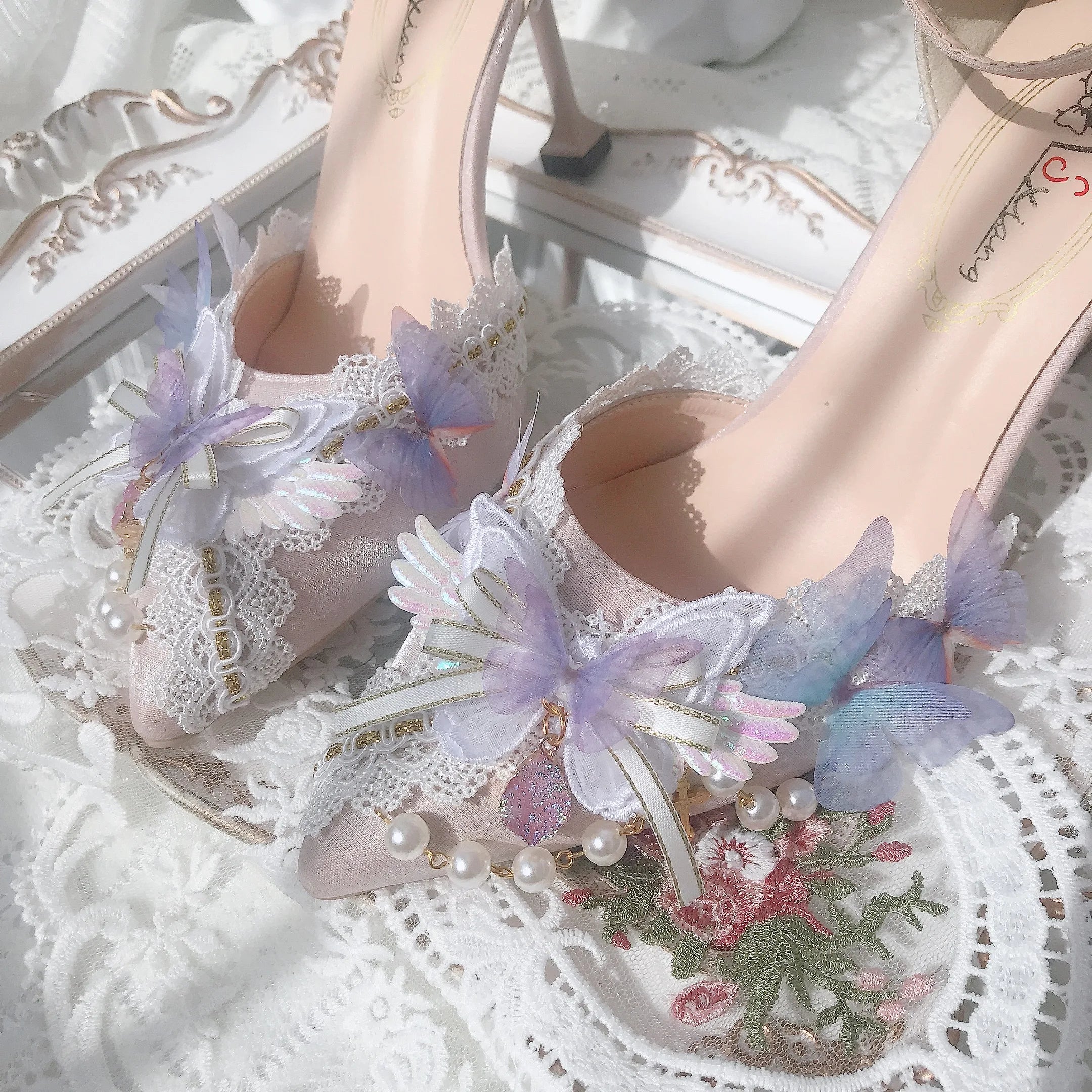 Soufree  -  Sweet Flower Wedding Butterfly High Heels 5cm/8cm Lolita Woman Shoes Pearl Decoration Beautiful Girls Kawaii Fairy Wedding Shoes