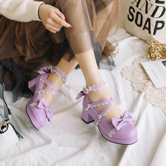 Soufree  -  High-heeled Cute Bow Tie Sweet Lolita Girls Love Solid Round Princess Shoes More Softer Pumps Ladies Platform Heels