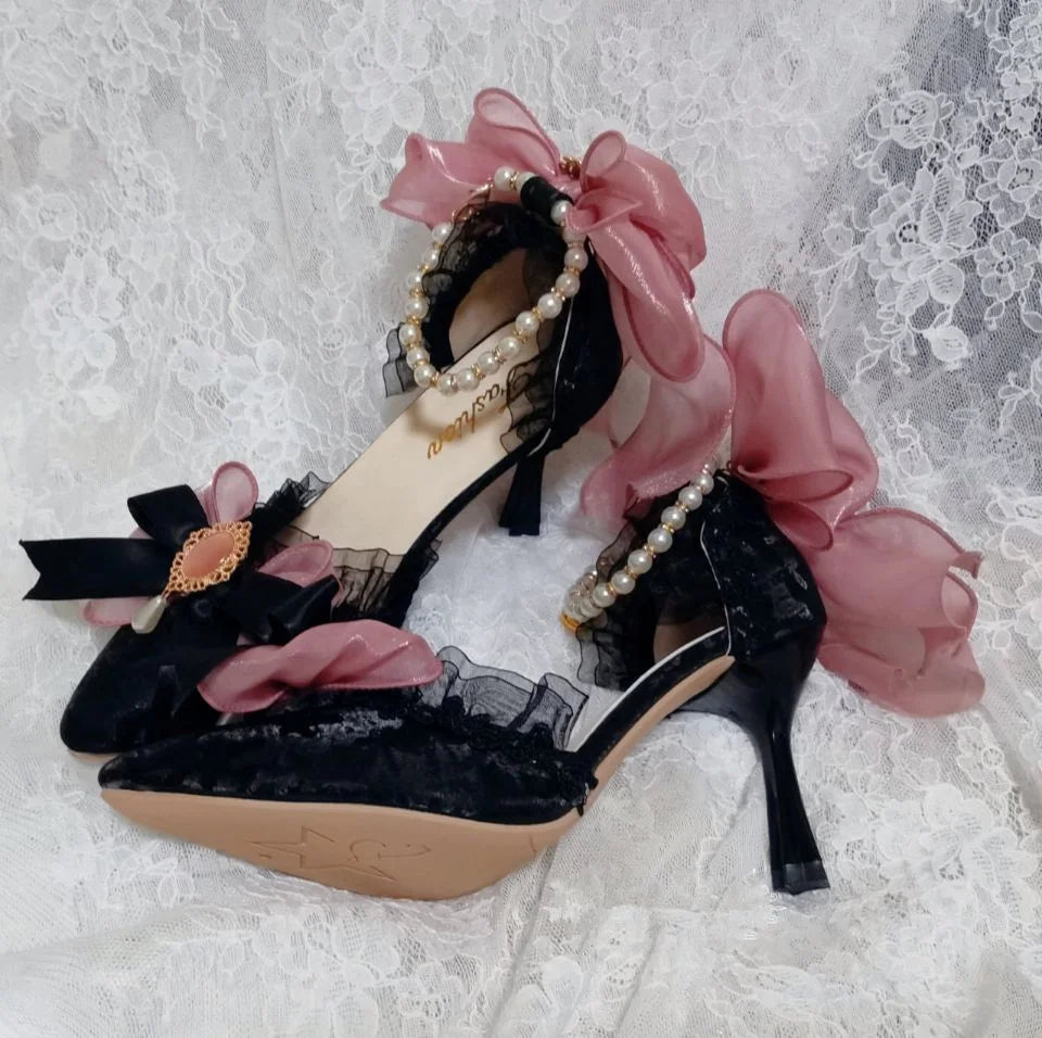 Soufree  -  Lolita Bridal Wedding Stiletto High Heels 6-8cm Shoes Bow Lady Girls Sweet Pointed Toe Princess Kawaii Tea Party Cute Lo Shoes