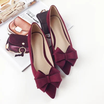 Soufree  -  flat shoes Autumn New Bow Pointed Toe Flat Shoes Women Wedding Shoes Flock Leather Big Bowknot Solid Color Plus Small Size 33 34 43 44