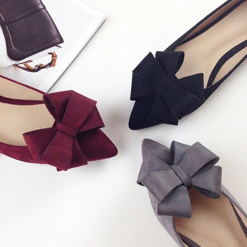 Soufree  -  flat shoes Autumn New Bow Pointed Toe Flat Shoes Women Wedding Shoes Flock Leather Big Bowknot Solid Color Plus Small Size 33 34 43 44