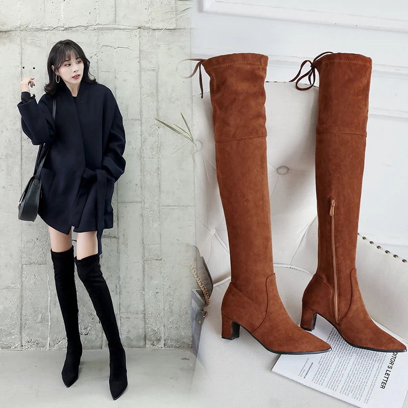 Soufree  -  Fashion Faux Suede Slim Over the knee Boots Winter Women Boots Sexy Thigh High Boots Female High Heel Shoes Woman 32 33 43