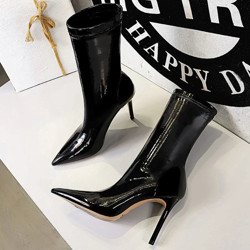 Soufree  -  Shoes Patent Leather Mid-Calf Boots Women Sexy High-heel Boots Stiletto Women Elastic Leather Boots Autumn Winter Boots