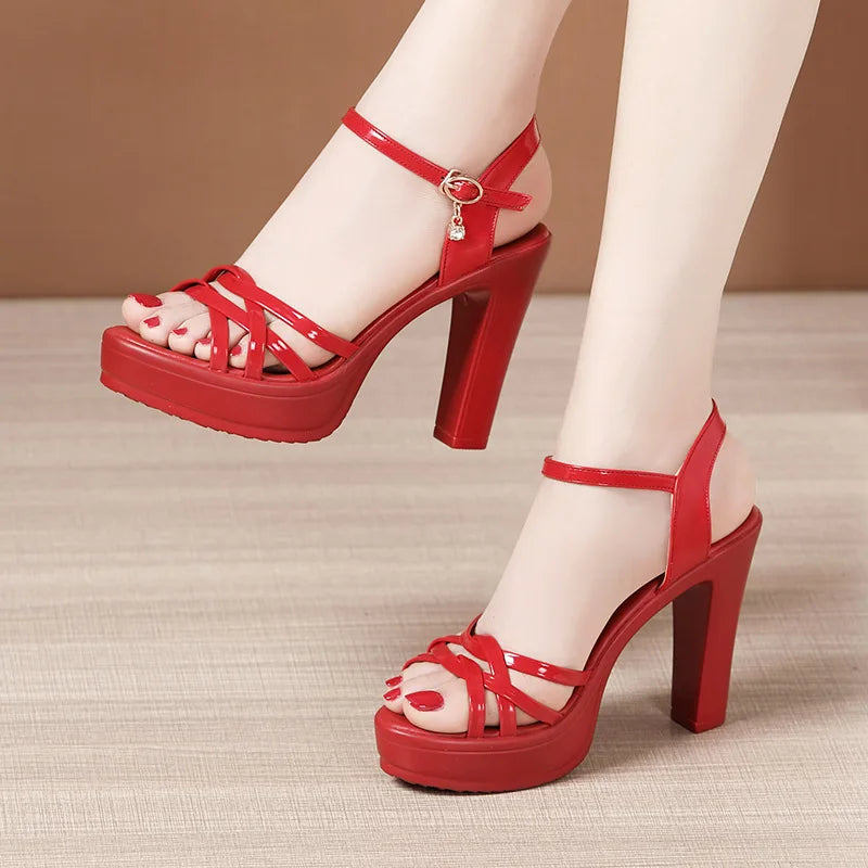 Soufree  -  High Heel Thick Heel Open Toe Sandals Women's Summer  New Platform Patent Leather Ladies Shoes And Sandals