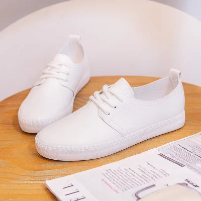 Soufree  - flat shoes trending shoes Women White Sneakers Solid Color Basic Style All Match Lady Shoes Flat Heel Soft Leather Lace Up Good Quality Girls Shoe Black