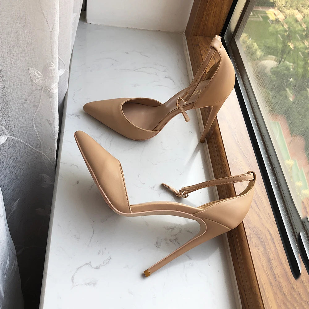 Soufree  -  Nude Matte Women Ankle Strap Summer High Heel Shoes Comfortable Pointy Toe D'Orsay Stiletto Pumps Plus Size 43 44 45