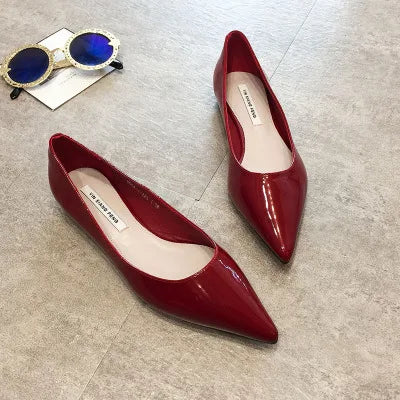 Soufree  -  flat shoes Flat Heel Shoes Women Pointed Toe Patent Leather Lemon Yellow Wine Red Lady Fashion Flats Candy Color Flat Sole Large Size 42 43