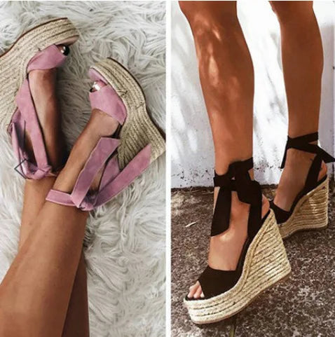 Soufree  -  Cross Large Size Beige Heeled Sandals Velvet Shoes Cross-Shoes Clogs Wedge Summer Espadrilles Platform Big Black High Suede