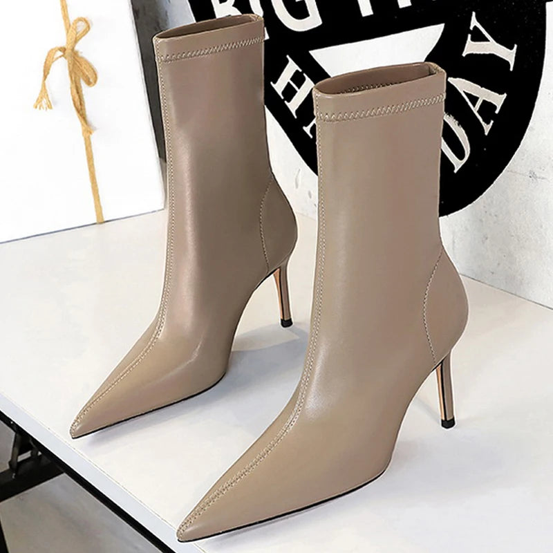 Soufree  -  Shoes Pu Leather Boots Women Ankle Boots Sexy High-heel Boots Autumn Winter Shoes Short Boots Plus Size 43 Women Heels