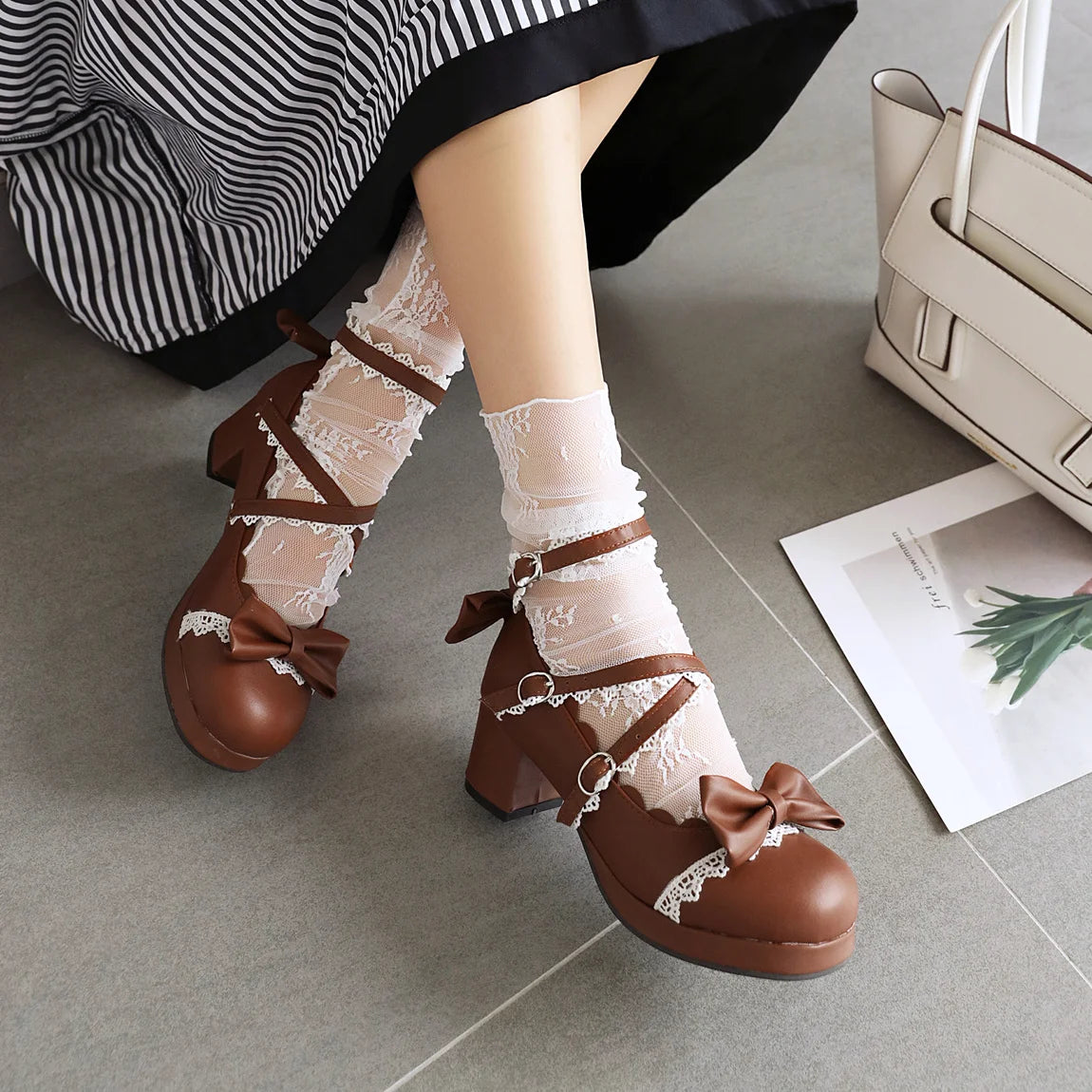 Soufree  -  High-heeled Cute Bow Tie Sweet Lolita Girls Love Solid Round Princess Shoes More Softer Pumps Ladies Platform Heels