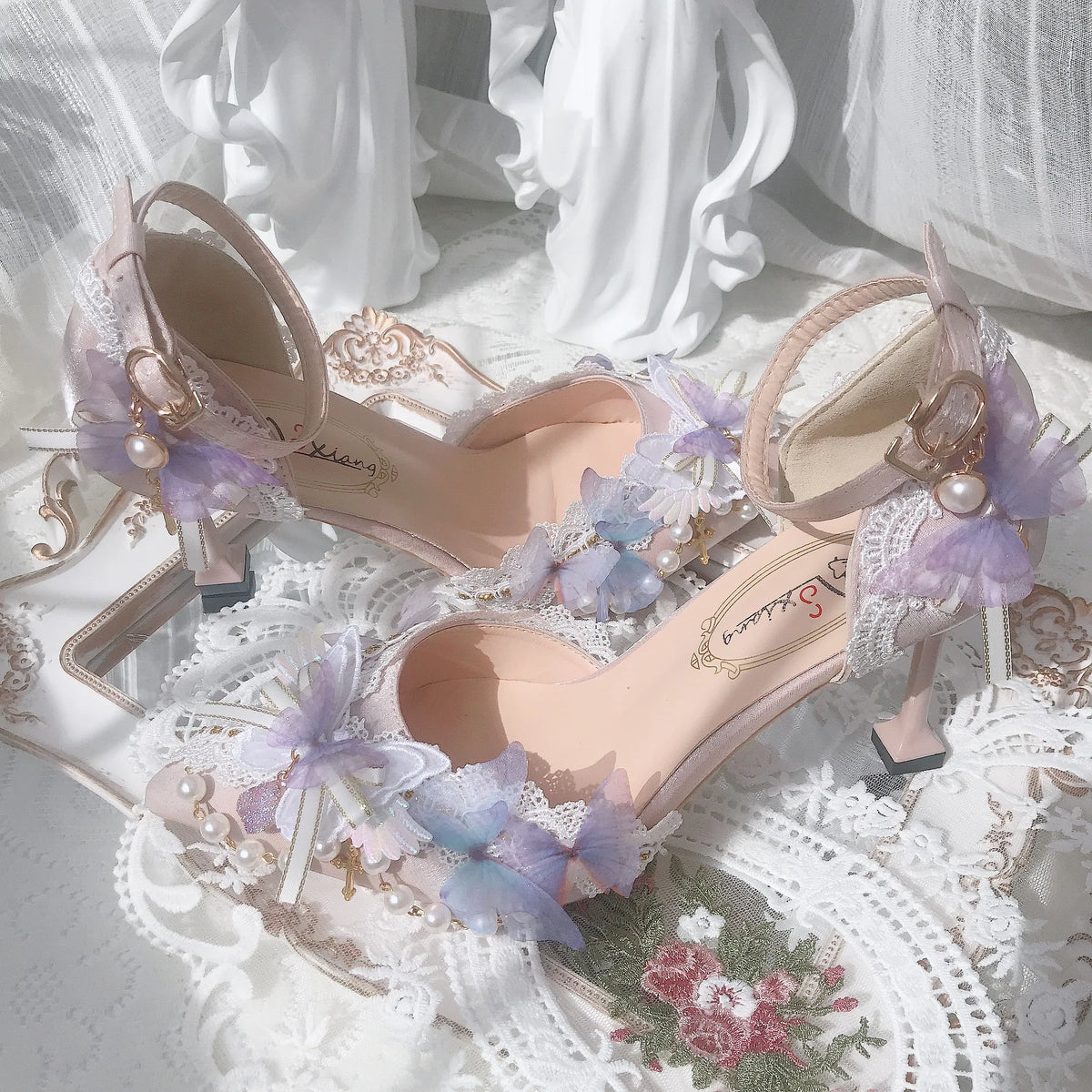 Soufree  -  Sweet Flower Wedding Butterfly High Heels 5cm/8cm Lolita Woman Shoes Pearl Decoration Beautiful Girls Kawaii Fairy Wedding Shoes