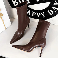 Soufree  -  Shoes Pu Leather Boots Women Ankle Boots Sexy High-heel Boots Autumn Winter Shoes Short Boots Plus Size 43 Women Heels