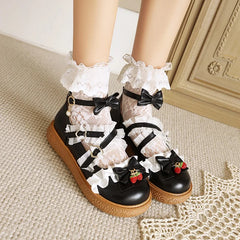 Soufree  - Japanese Cartoon Sweet Girl Flat Shoes Women Platform Lolita Flats Princess Cosplay Kawaii Vintage Lace Bow Strawberry Pendant