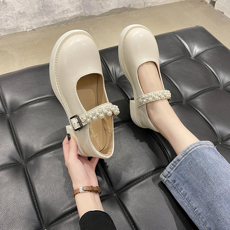 Soufree  - New Solid Leather Loafers Woman Zapatos De Mujer Flower Pearl Casual Oxford Shoes For Women Mary Janes Round Toe Platform Shoes