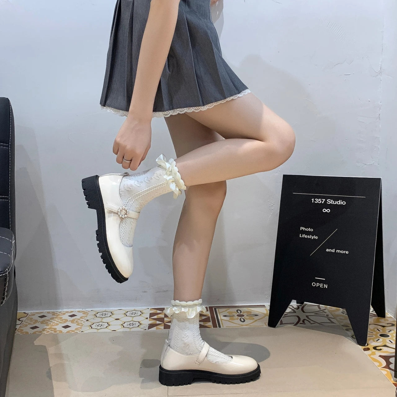 Soufree  -  Student Shoes College Girl Student LOLITA Shoes JK Uniform Shoes PU Leather Heart-shaped Ankle-strap Mary Jane Shoes Pearl