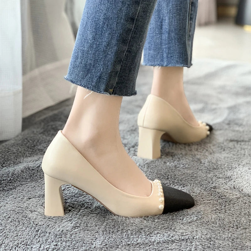 Soufree  -  7CM High Heels Pearl Boat Shoes Hot Selling Women Shoes Square Toe Pumps Leather Dress Red Shadow Wedding Shoes Zapatos Mujer