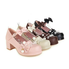 Soufree  - Japanese Style Sweet Bow Lace Princess Lolita Shoes Lace-up Med Heel Buckle Strap Thick Platform Pumps with Cute Ears Pearl