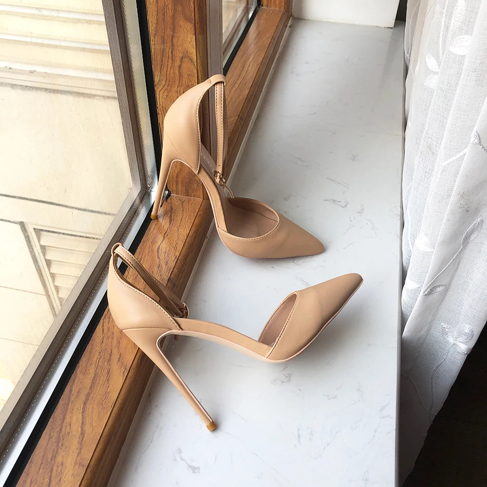 Soufree  -  Nude Matte Women Ankle Strap Summer High Heel Shoes Comfortable Pointy Toe D'Orsay Stiletto Pumps Plus Size 43 44 45