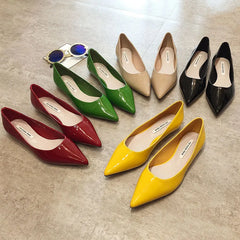 Soufree  -  flat shoes Flat Heel Shoes Women Pointed Toe Patent Leather Lemon Yellow Wine Red Lady Fashion Flats Candy Color Flat Sole Large Size 42 43