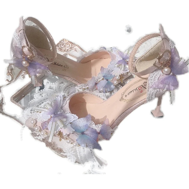 Soufree  -  Sweet Flower Wedding Butterfly High Heels 5cm/8cm Lolita Woman Shoes Pearl Decoration Beautiful Girls Kawaii Fairy Wedding Shoes