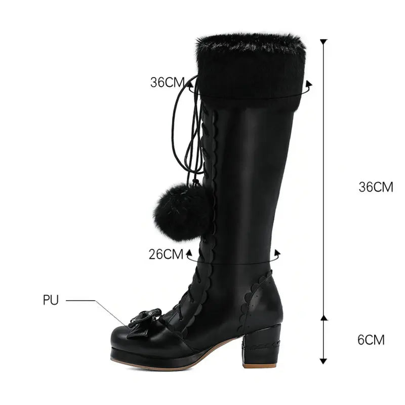 Soufree  -  Lolita High Boots Winter Warm Fur Neck Girls Cosplay Party JK Princess Shoes Lace Up Bowtie Chunky Heel Side Zipper PU Leather