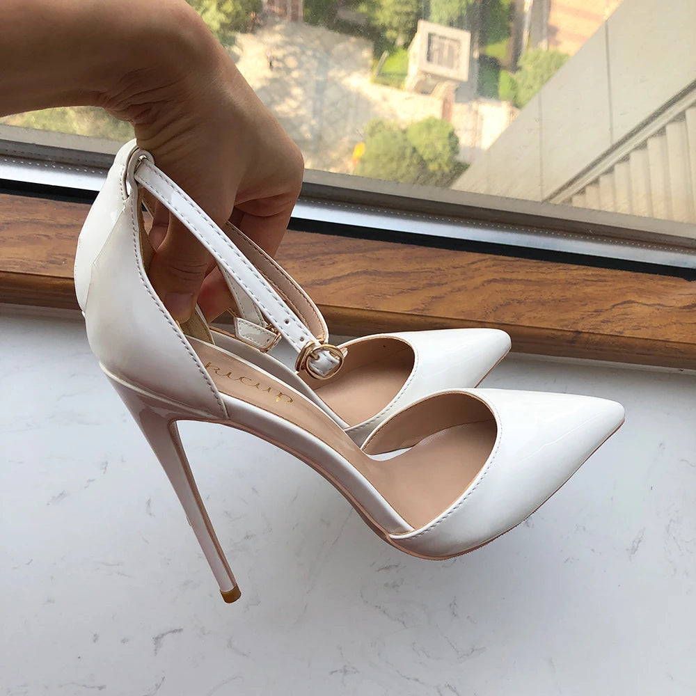 Soufree  -  White Patent Women Ankle Strap Pointy Toe High Heel Shoes Comfortable Elegant D'orsay Stiletto Pumps Color Customizable