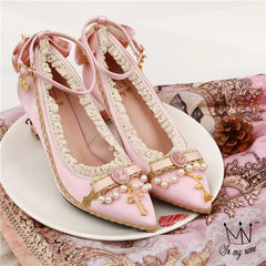 Soufree  -  Princess tea party kawaii  court retro lace bowknot shallow mouth lolita high heel pointed pearl elegant women shoes loli cos