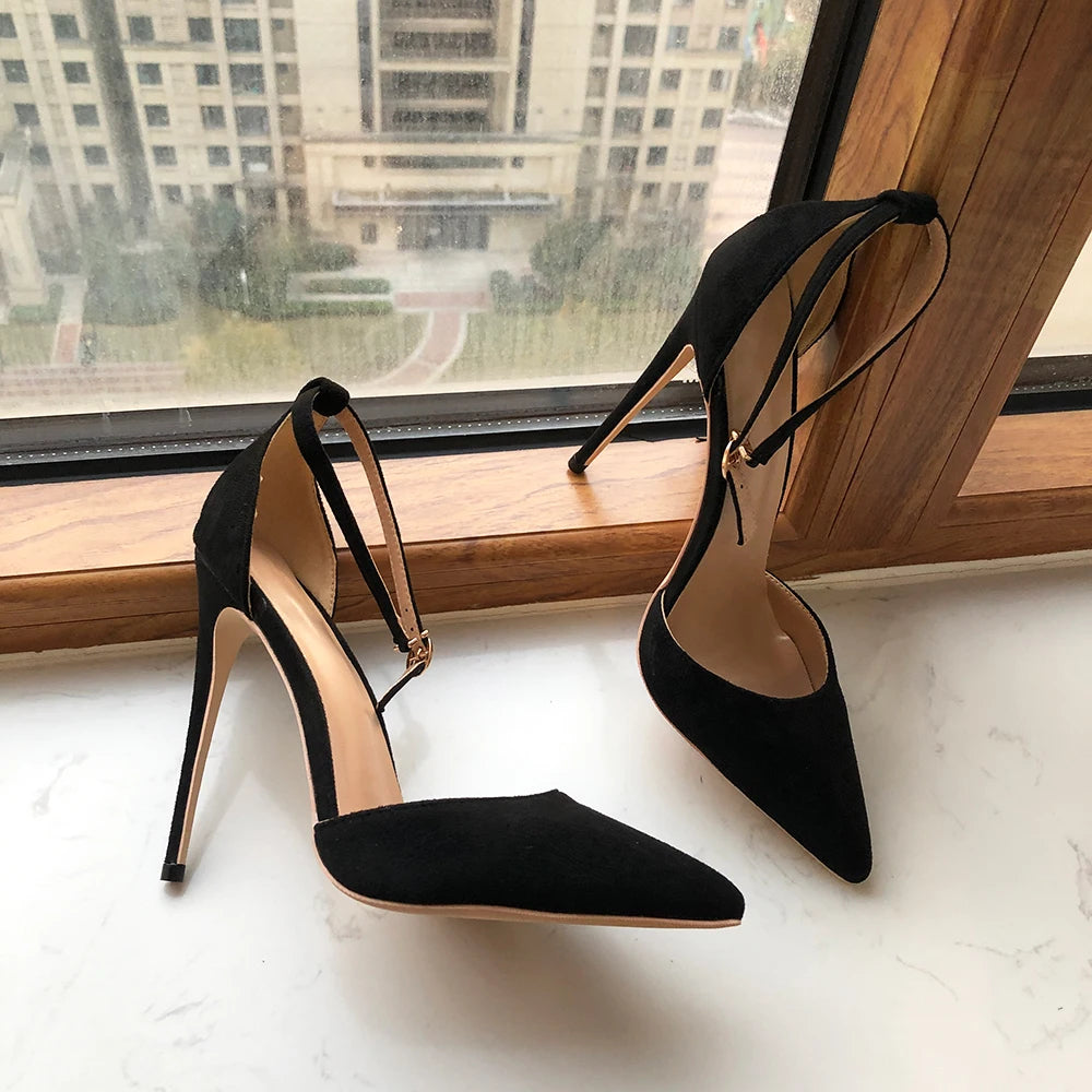 Soufree  -  Solid Black Flock Women Ankle Strap Pointy Toe High Heel Shoes D'Orsay Suede Stiletto Pumps 8cm 10cm 12cm Customizable