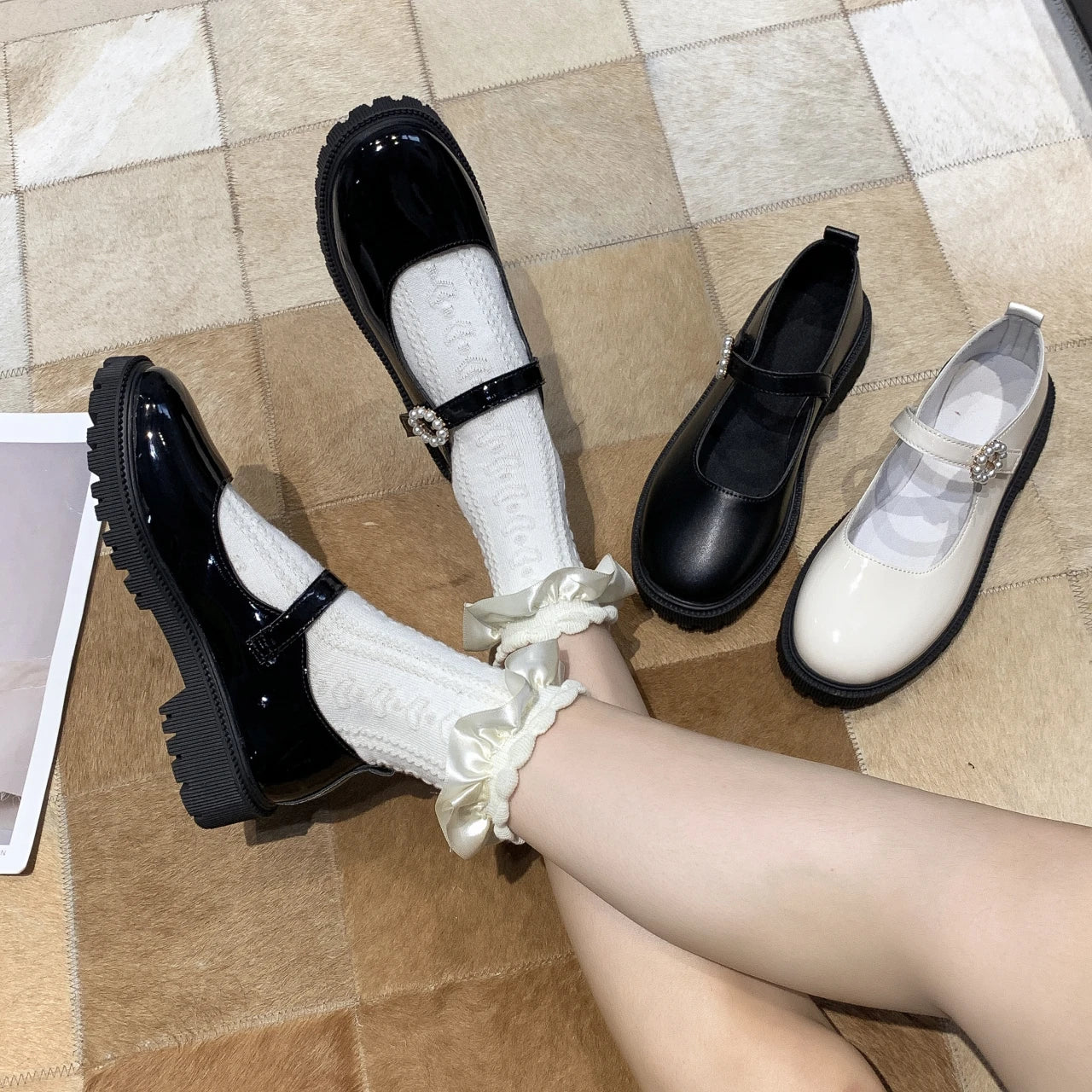 Soufree  -  Student Shoes College Girl Student LOLITA Shoes JK Uniform Shoes PU Leather Heart-shaped Ankle-strap Mary Jane Shoes Pearl