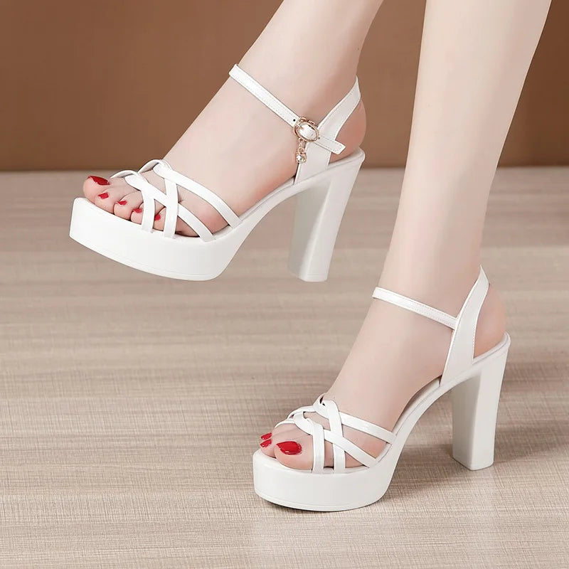 Soufree  -  High Heel Thick Heel Open Toe Sandals Women's Summer  New Platform Patent Leather Ladies Shoes And Sandals