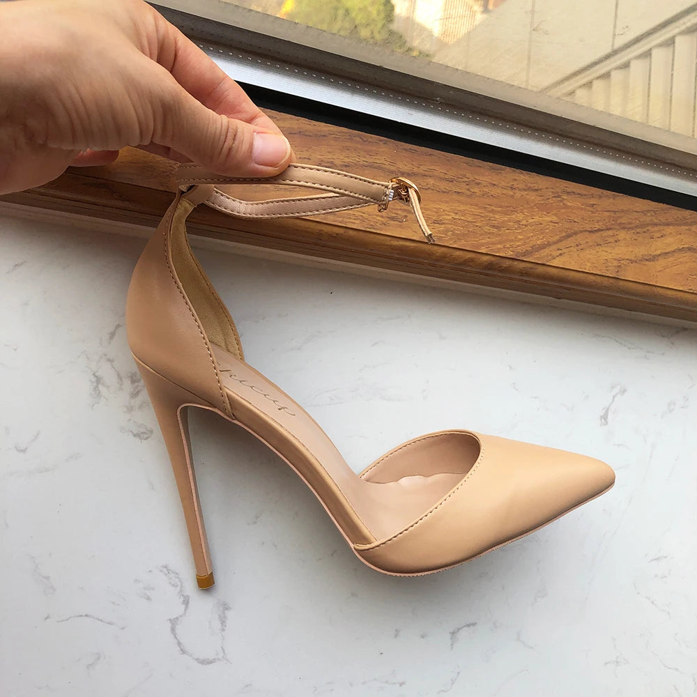 Soufree  -  Nude Matte Women Ankle Strap Summer High Heel Shoes Comfortable Pointy Toe D'Orsay Stiletto Pumps Plus Size 43 44 45