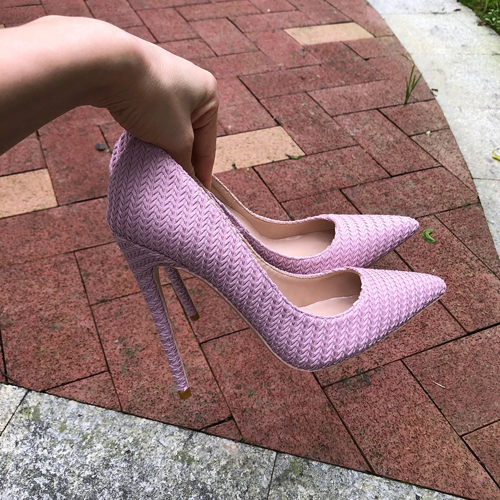 Soufree  -  Pink Women Woven Fabric Pointed Toe Stiletto Pumps Ladies Wedding Bridemaids Shoes 8cm 10cm 12cm High Heels Size 33-45