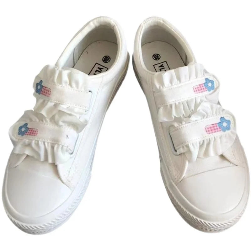 Soufree  -  Japanese Sweet Lolita Shoes Kawaii Girl Round Head White Shoes Women's Trendy Sneakers Style Canvas Fashion Shoes Cosplay Cos