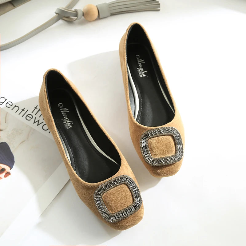 Soufree  -  Lady Ballet Flat Shoes Size 31-46 Extra Big Size 44 45 Women Flat Heel Shoes Square Head Flock Leather Metal Decoration Slip On