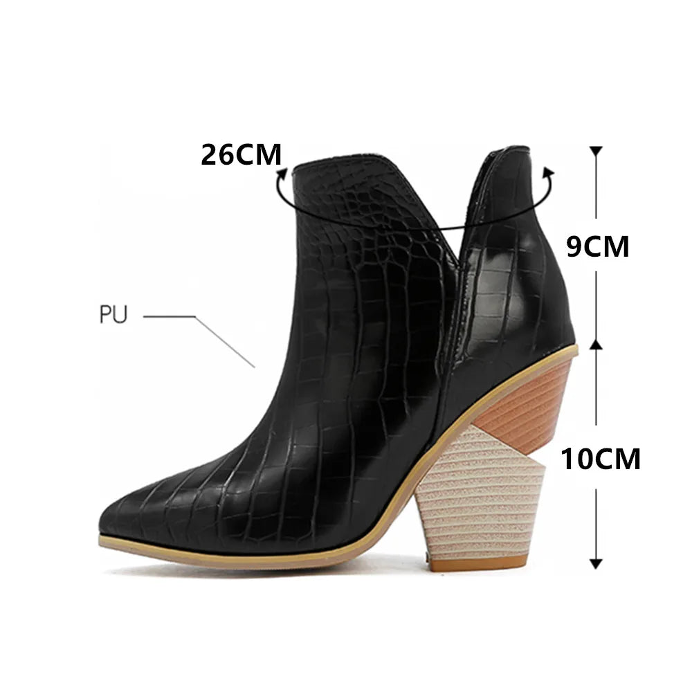 Soufree  -  Brand High Quality Western Boots Women Pointed Toe Wedge High Heel Ankle Boots Thick Heel Slip On Cowboy Boots Women Shoes