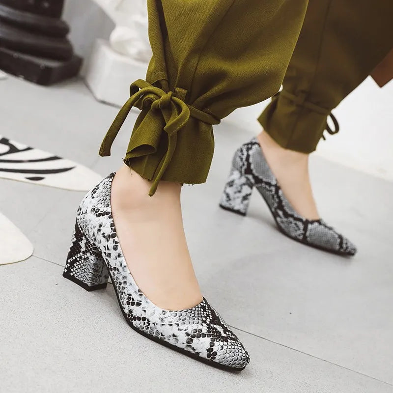 Soufree  -  Spring New Snake Skin Print Sexy High Heels Women Pumps Square Toe Concise Block High Heel Shoes Height 7.5cm Plus Size 45