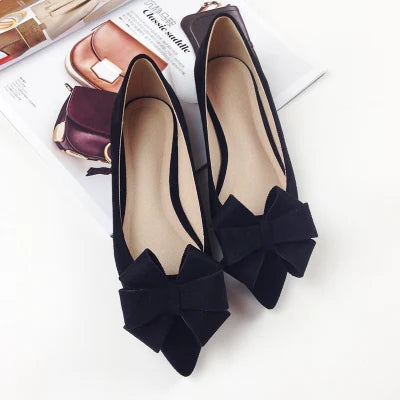 Soufree  -  flat shoes Autumn New Bow Pointed Toe Flat Shoes Women Wedding Shoes Flock Leather Big Bowknot Solid Color Plus Small Size 33 34 43 44