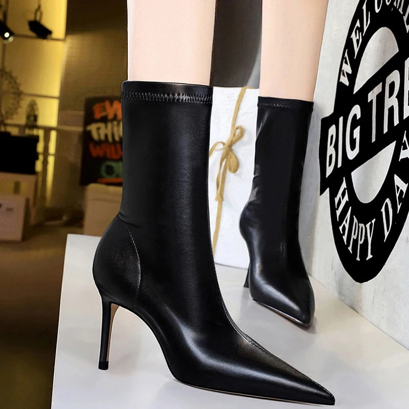 Soufree  -  Shoes Pu Leather Boots Women Ankle Boots Sexy High-heel Boots Autumn Winter Shoes Short Boots Plus Size 43 Women Heels