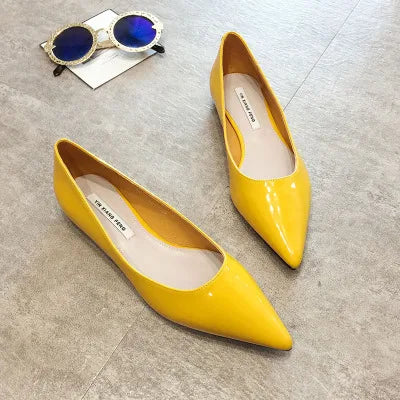 Soufree  -  flat shoes Flat Heel Shoes Women Pointed Toe Patent Leather Lemon Yellow Wine Red Lady Fashion Flats Candy Color Flat Sole Large Size 42 43