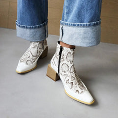 Soufree  -  Preppy Style Patchwork Low Boots Women Autumn Winter Snake Print Square Toe Denim Female Shoes Street Fashion Booties White