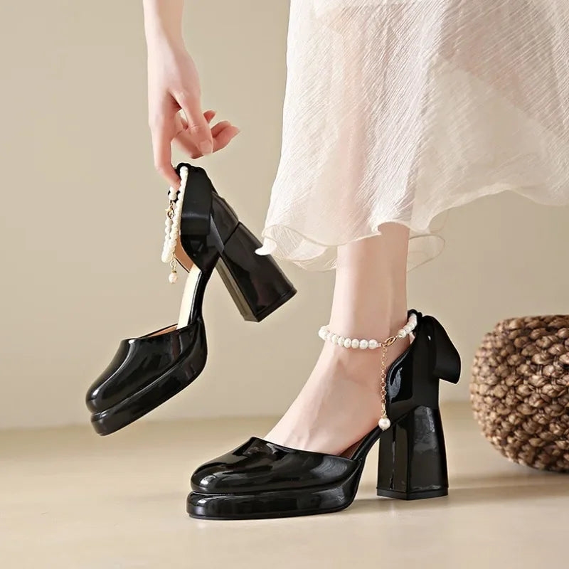 Soufree  -  Chunky High Heels Women Pumps Bow Tie Thick Heel Lolita Shoe Ladies Patent Leather Cosplay Shoes Pearl Chains Platform Mary Jane