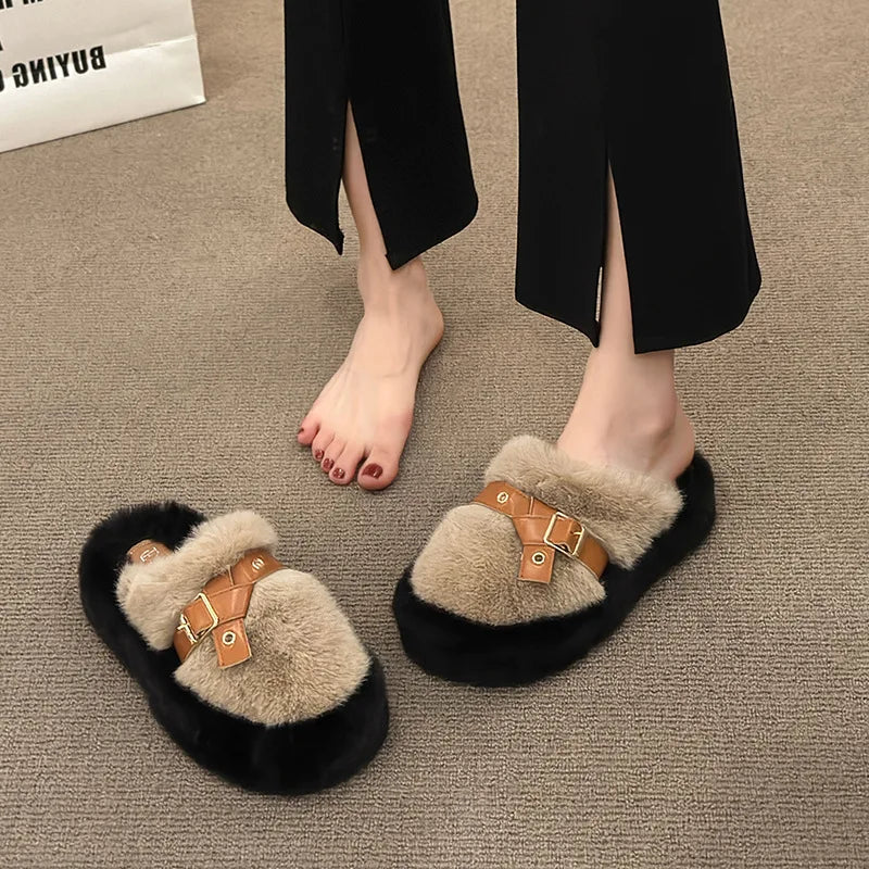 Soufree  -  Slippers Casual Flock  Platform Shoes New Fur Flip Flops Cover Toe Slipers Women Slides Luxury Plush Flat Rubber Slippers