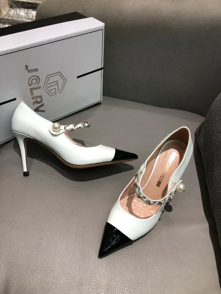 Soufree  -  Autumn New French High Heel Single Shoes Women's Pearl Lacquer Leather Colored Pointed Thin Heels Women's Shoes Small